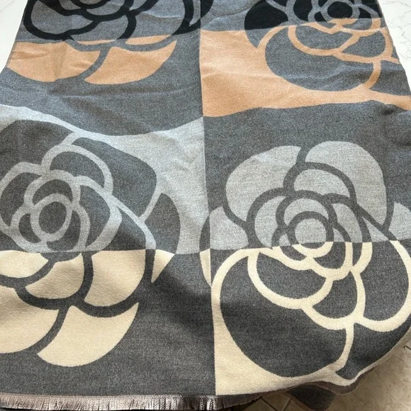 Cashmere Camellia Flower Shawl in Black, Gray, and Tan - Picture 5 of 6